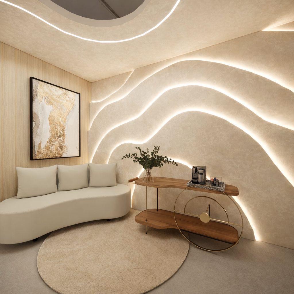 Lounge da Belara com iluminação suave e carrinho de café