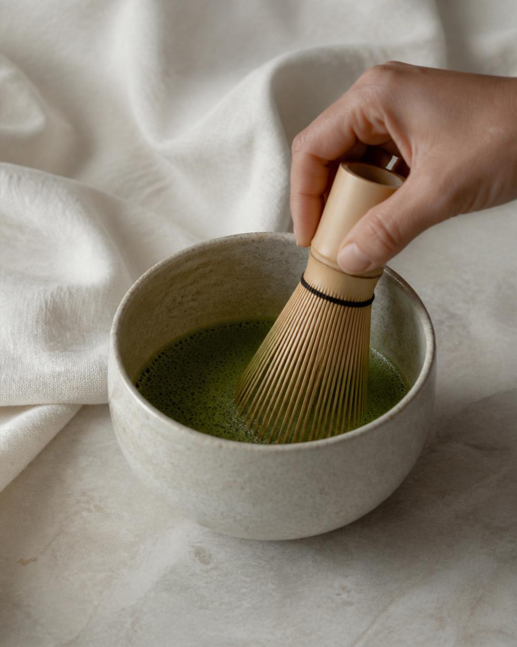 Matcha sendo preparado em tigela de cerâmica